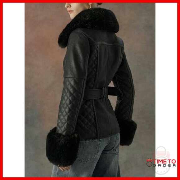 Women's Faux Leather Moto Jacket Sherpa Lined Belted Winter Coat Parka - Picture 5 of 6